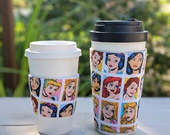 Disney Princess coffee cozy sleeve, iced tea, cold brew cup hugger Cold cup cozy, Insulated hot drink or cold beverage holder,