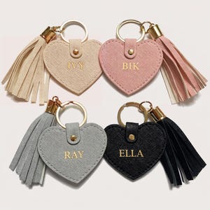 Personalised Heart Keyring with Tassel – Custom Name Beige, Pink, Grey, Black Bag Charm Gift