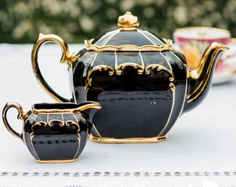 Vintage Sadler Cube Teapot & Milk Jug: Black and Gold