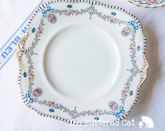 Antique early 1900s Paragon cake plate, blue ribbon bows. pink rose cameos