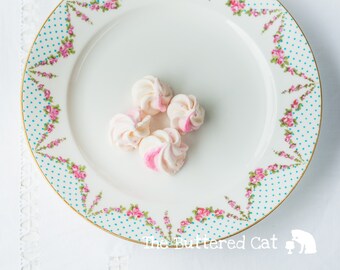 Antique English luncheon / salad plate, pink rose swags, turquoise polka dots