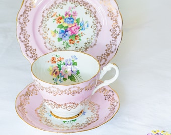 Vintage Pink Bone China Tea Trio: Floral Gold Filigree Decor