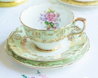 Vintage Crown Staffordshire Bone China Tea Trio: Pastel Green & Gold Filigree