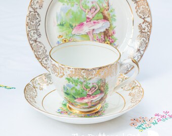 Sweet vintage ballerina / ballet dancer bone china tea trio