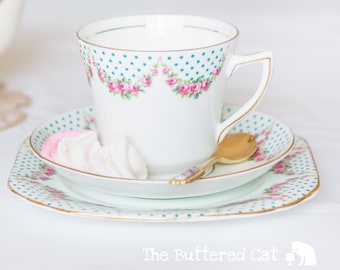Antique English Bone China Tea Trio: Pink Rose Swags, Blue Dots