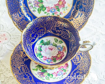 Vintage Royal Stafford ' Empress ' cabinet tea trio in blue