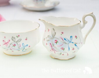Sweet vintage Royal Albert creamer, ribbon bows and roses