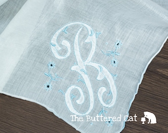 Vintage monogram handkerchief, embroidered applique blue and white letter B on light cotton