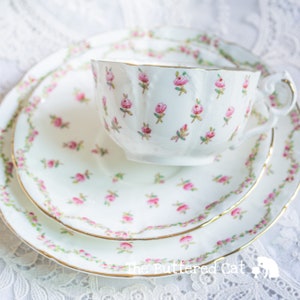 Antique early Collingwoods bone china tea trio, delicately hand-decorated ditsy pink rose chintz