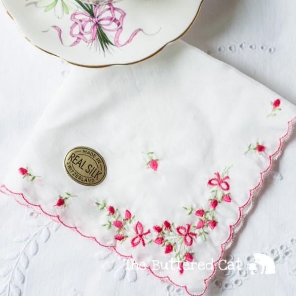 Un-used vintage embroidered silk handkerchief, pretty roses and bows