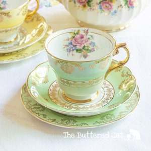 Vintage pastel green English bone china tea trio
