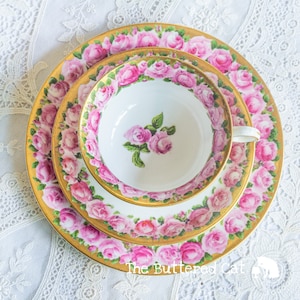 Antique Crescent China pink rose garland, gold border tea trio, hand-decorated