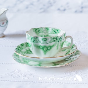 Lovely antique green and white early 1900s English china tea trio