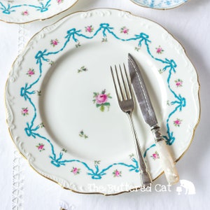 Antique Coalport salad or luncheon plate, hand-decorated turquoise blue ribbon bows, swags, pink ditsy roses
