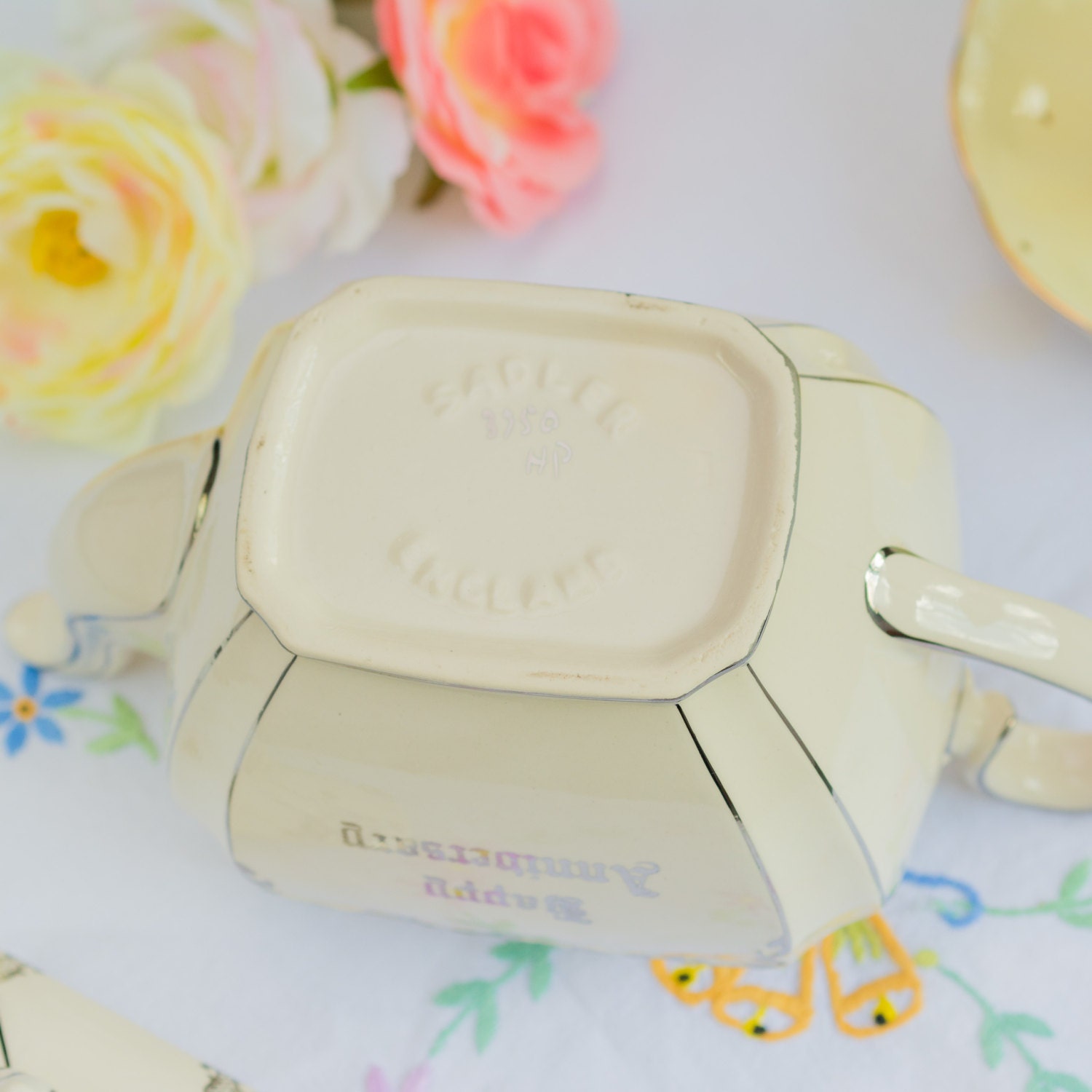 Vintage Sadler ' Happy Anniversary ' Cube Shaped Teapot, a
