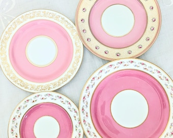 Antique English Bone China Plates: Pink Border, Aynsley & Royal Doulton