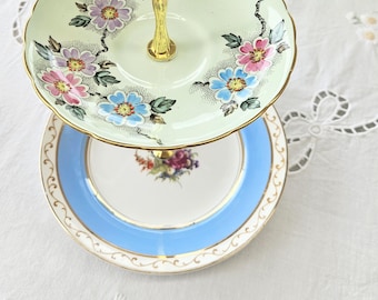 Blue and green floral themed tiered afternoon tea stand : Upcycled vintage English bone china
