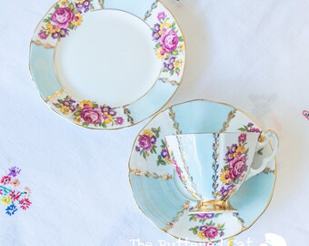 Vintage Bone China Tea Trio: Baby Blue Floral, Alice in Wonderland Style