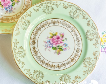 Plato de té de porcelana de hueso inglés Argyle verde pastel vintage, plato de reemplazo para un trío