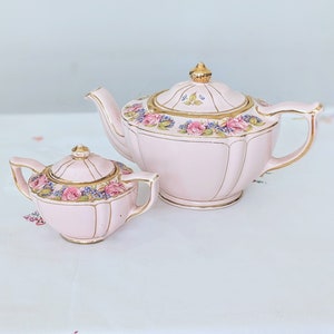 Vintage rosa ovale Sadler Teekanne und Zuckerdose mit Deckel, Girlanden, Rosen, Vergissmeinnicht