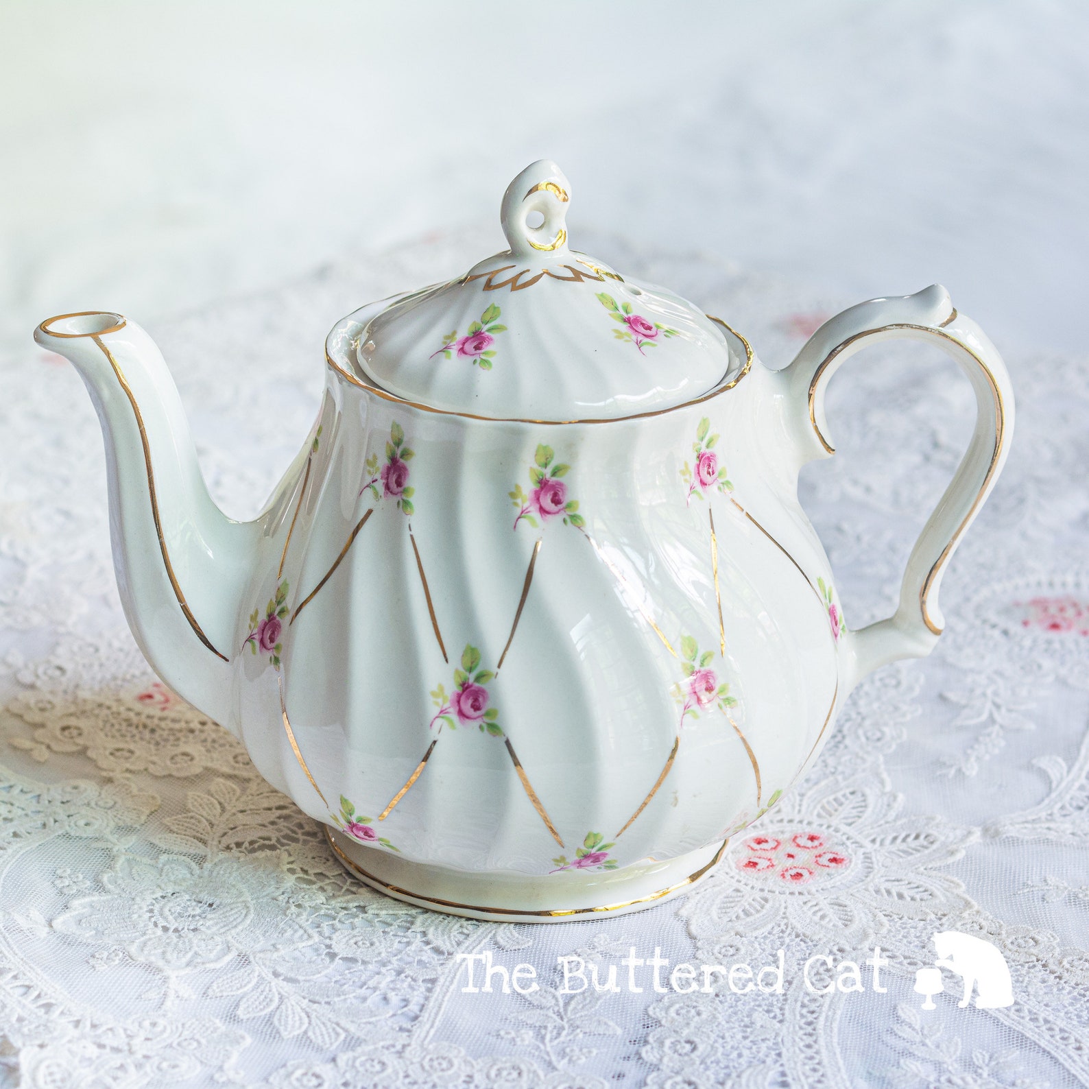 Vintage Sadler Teapot Round Shaped With Swirls Pink Ditsy Etsy