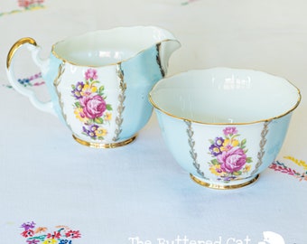 Vintage English Bone China Sugar Bowl and Milk Jug: Baby Blue Floral