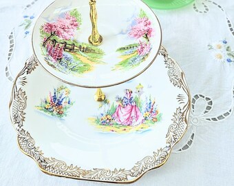 Crinoline lady and garden themed afternoon tea stand : upcycled English bone china