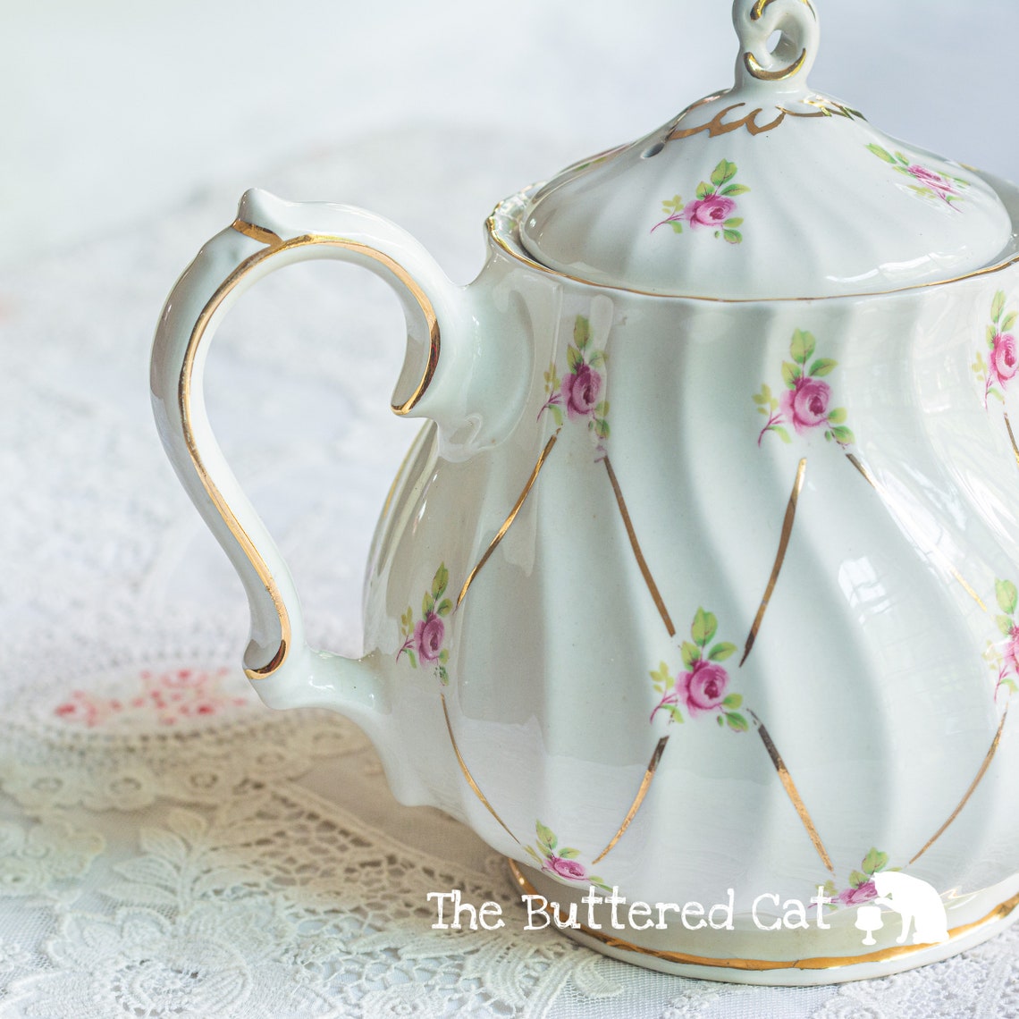 Vintage Sadler Teapot Round Shaped With Swirls Pink Ditsy Etsy