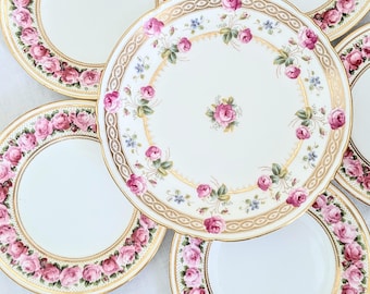 Antique English Bone China Plates: Pink Rose Border, Cauldon & Crescent China