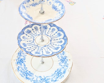 Upcycled Blue & White China Tiered Cake Stand: Vintage Afternoon Tea