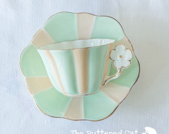 Vintage Royal Stuart Bone China Teacup and Saucer: Candy Stripe Flower Handle