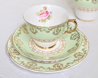 Pretty pastel green vintage bone china tea trio in the ' Princess ' pattern