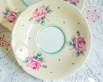 Vintage Paragon tea saucer with pink rose and turquoise blue polka dots, replacement saucer