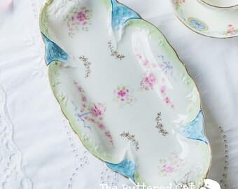 Vintage Porcelain Serving Dish: Rose Swags, Ribbon Bows (31x15cm)