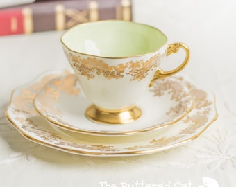 Vintage Foley Bone China Tea Trio: Cream, Gold & Pastel Green