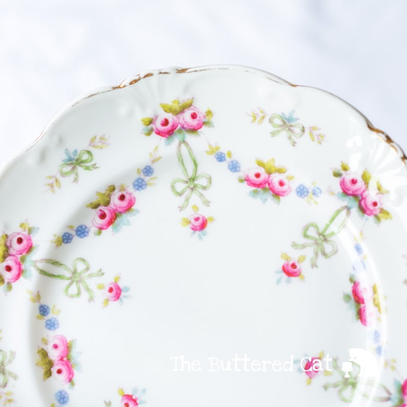 Collectible antique English china tea plate hand-decorated plate bows and rose swags