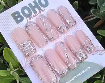 Nude Chrome Outline Press-On Nails Soft Pink Nude with Silver Luxe Nail Set