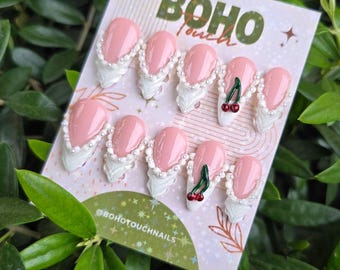 Pink Almond French Tip Press On Nails, Pearl Cherry Accents, Coquette Style