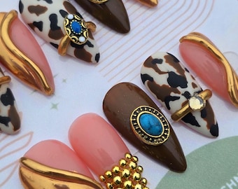 Wester Cow Print Press-On Nails  Gold Sculpted Accents & Turquoise Charms Cowgirl Chic Nail Set