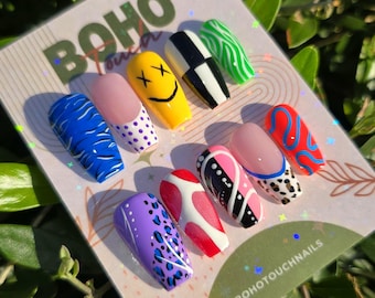 Handmade Abstract Square Press On Nails, Colorful Pop Art Nail Art