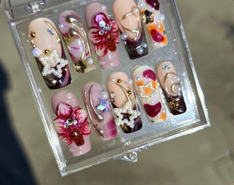 3D Floral Press-On Nails, Charm Press-On