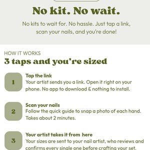 Pode incluir: Infográfico sobre dimensionamento digital de unhas. O texto diz: "Sem kit. Sem espera" e "3 toques e você está dimensionado". As instruções incluem: toque em um link, digitalize suas unhas e revise o artista. Fundo verde claro.
