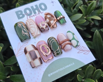 Handmade Green Square Press On Nails, Abstract Gold Accents, Earthy Tones, Mixed Designs