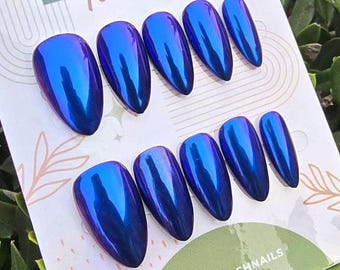Blue Chrome Nails, Almond Shape, Color Shifting Purple/Blue Nails, Handmade Press On Nails