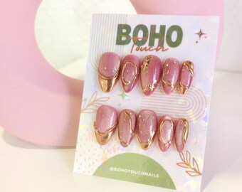 Pink Almond Chrome Tip Press On Nails, Handmade Luxury Glam Set