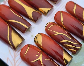 Burnt Orange, Burgundy & Gold Swirl Press-On Nails Autumn Luxe Set Long Sculpted Gold Accent Nails