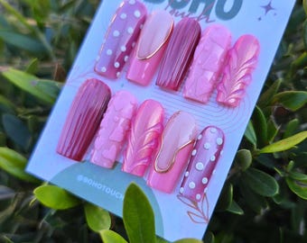 Textured Pink Square Press On Nails, 3D Heart & Polka Dot Art