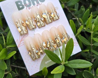Gold Glitter Ombre Square Press On Nails with Crystal Accents, Glam Handmade Nails
