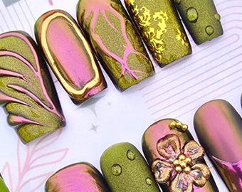 Iridescent Green And Purple Chrome Press-On Nails Floral 3D Charm & Gold Foil Accents Luxe Boho Nail Set