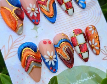 Retro Boho Daisy Press-On Nails, 70s Checkerboard, Floral & Swirl Mix Set, Nail Art, Cateye